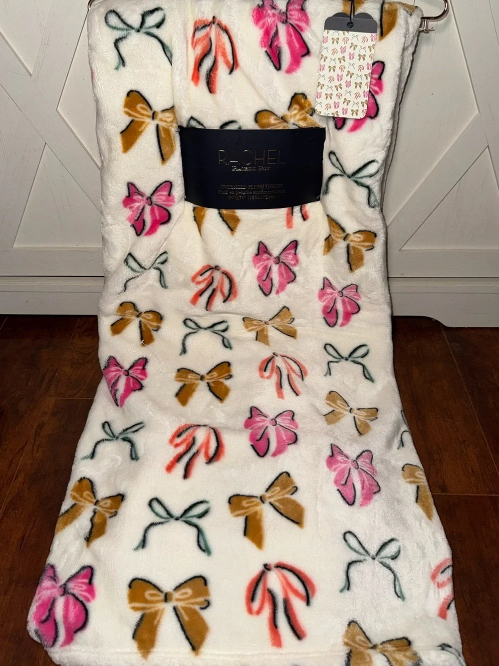 Rachel Roy Colorful Pink & Gold Bows Plush Throw Blanket